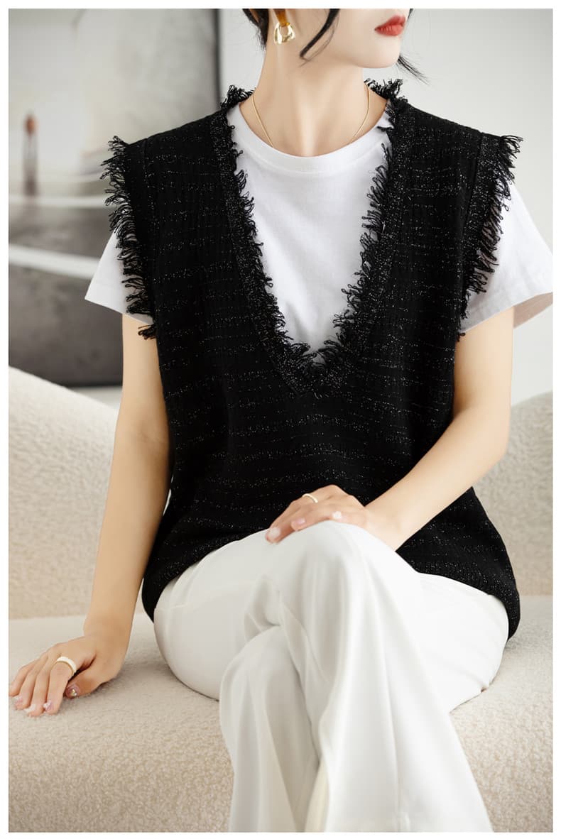 ベスト フリンジ装飾深Vネックニットベスト