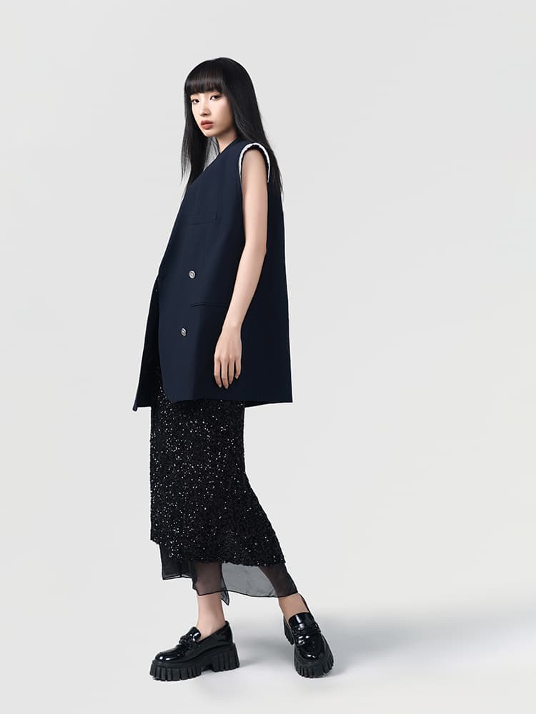 ベスト 肩パッド入り四つボタンロングジレ