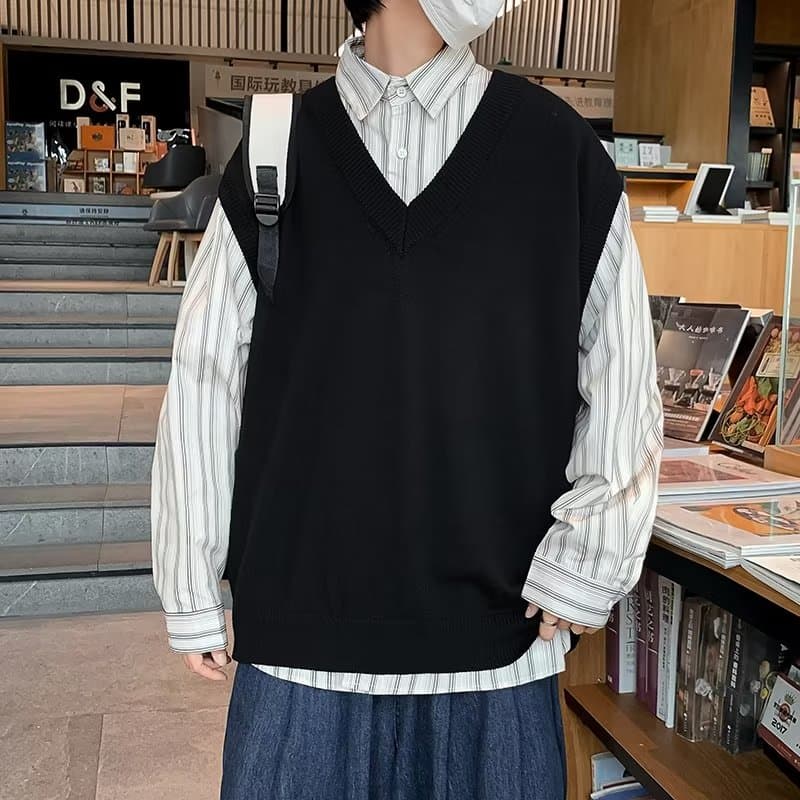 ベスト 重ね着風ゆったりニットベスト
