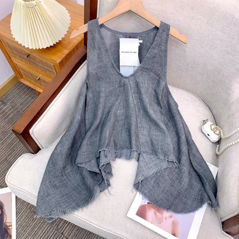 ベスト 麻素材フレアノースリーブベスト