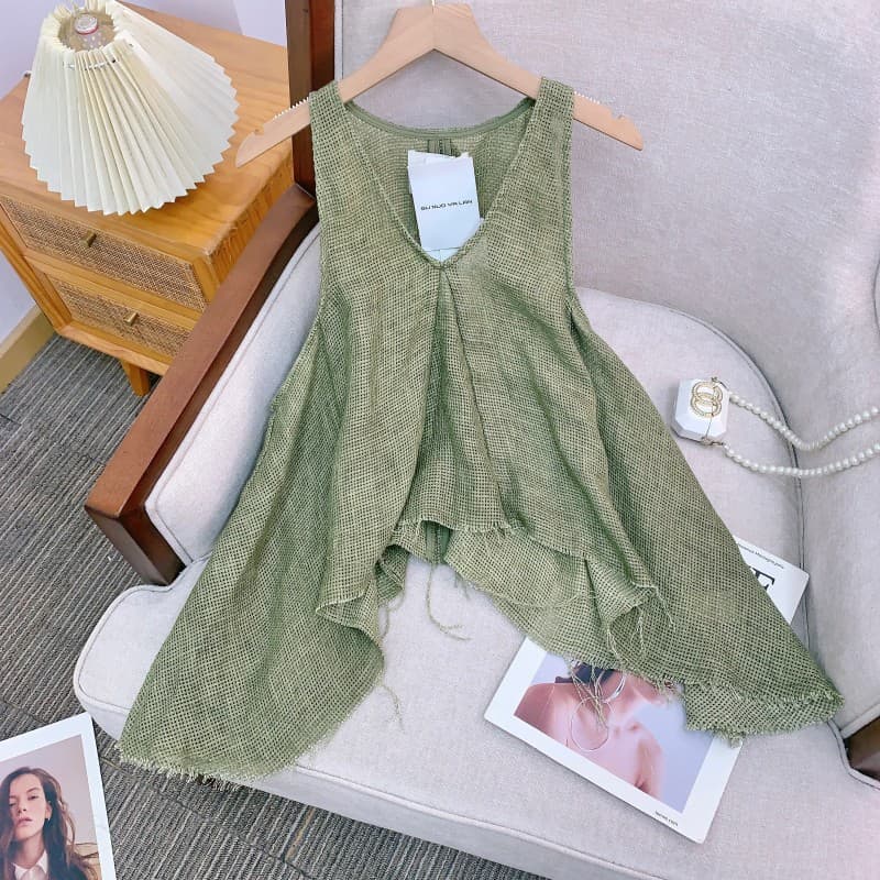 ベスト 麻素材フレアノースリーブベスト