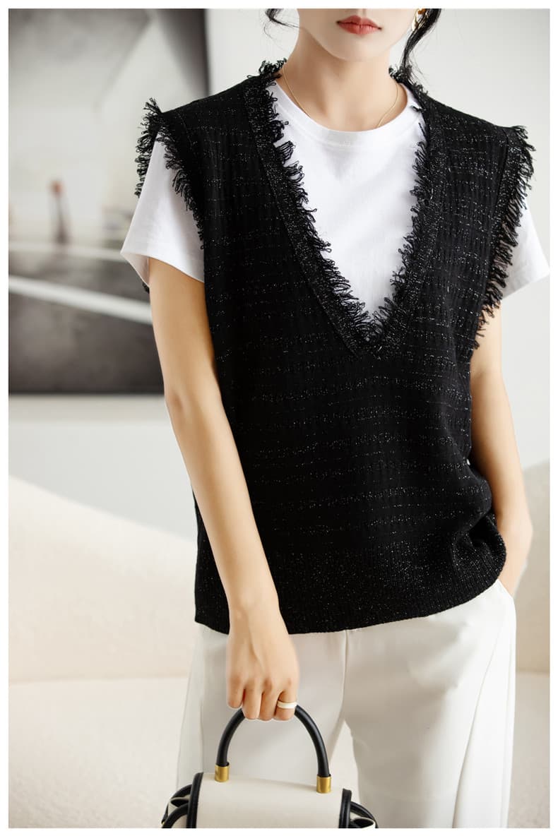 ベスト フリンジ装飾深Vネックニットベスト