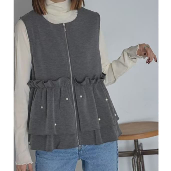 2025新作 パール付きジップジレ ふんわり体型カバーベスト