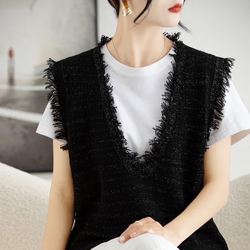 ベスト フリンジ装飾深Vネックニットベスト