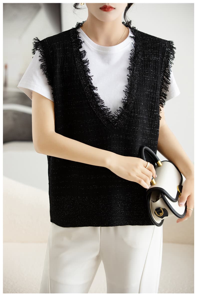 ベスト フリンジ装飾深Vネックニットベスト