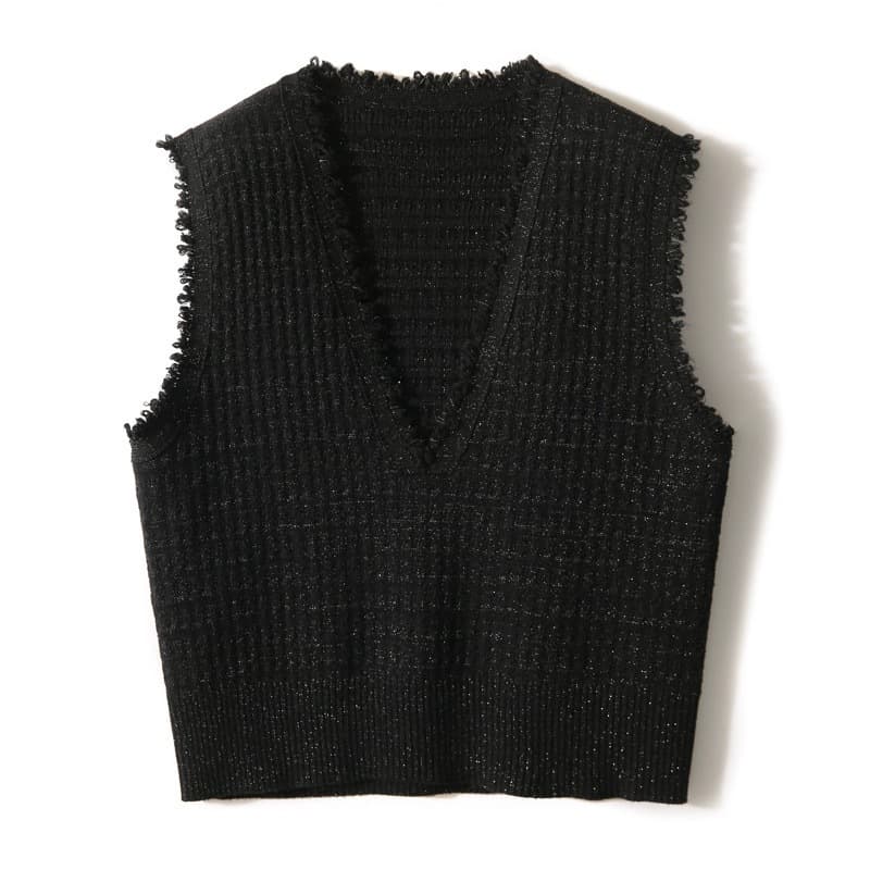 ベスト フリンジ装飾深Vネックニットベスト