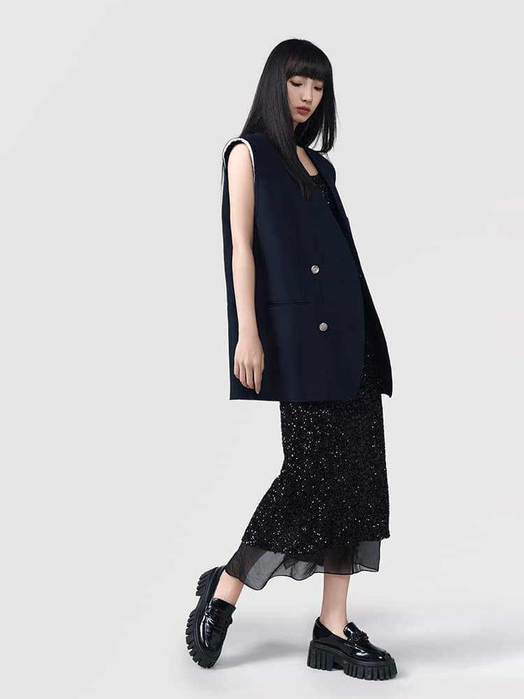 ベスト 肩パッド入り四つボタンロングジレ