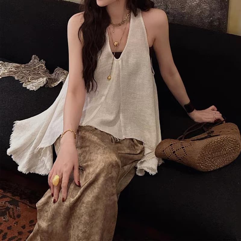 ベスト 麻素材フレアノースリーブベスト