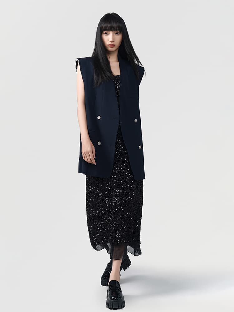 ベスト 肩パッド入り四つボタンロングジレ