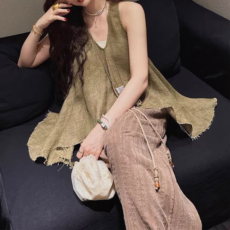 ベスト 麻素材フレアノースリーブベスト