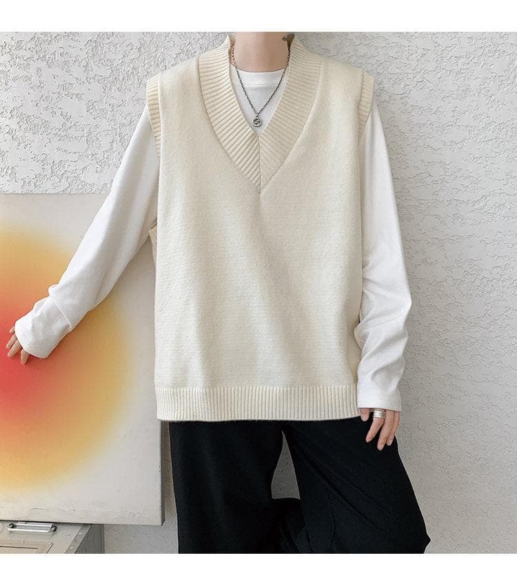 ベスト 深Vネック リブ編みベスト
