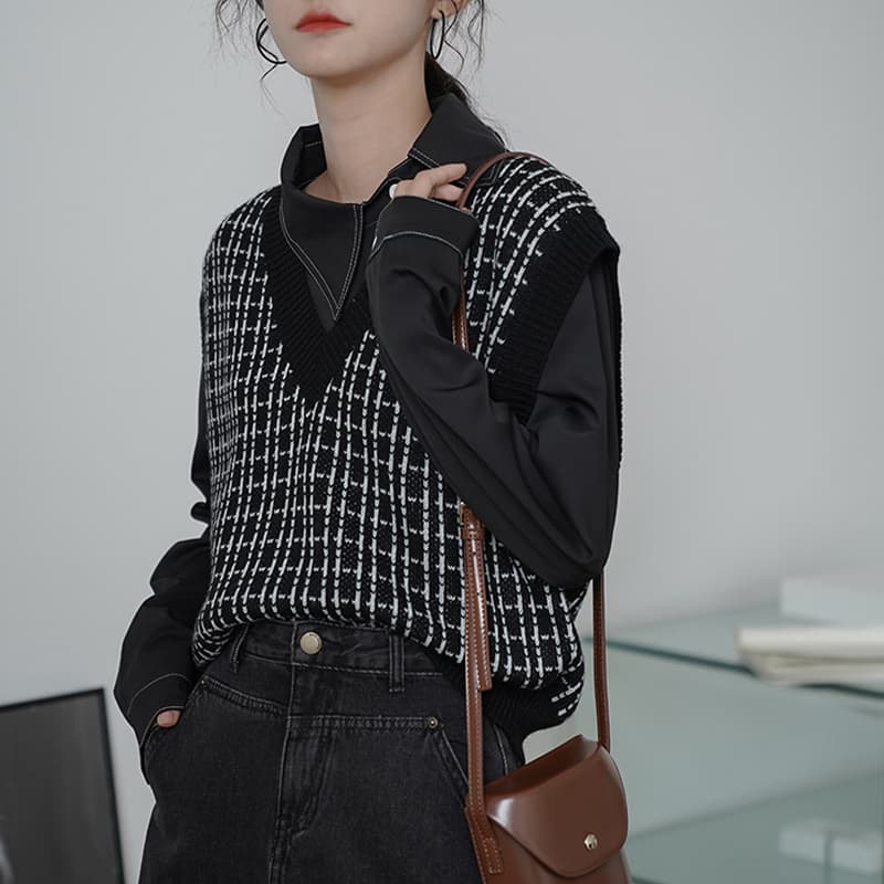 格子柄ニットベスト