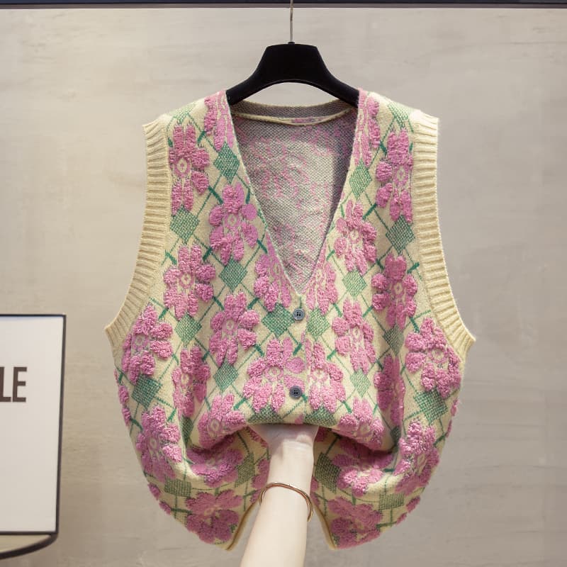 花柄刺繍入りデザインニットベスト