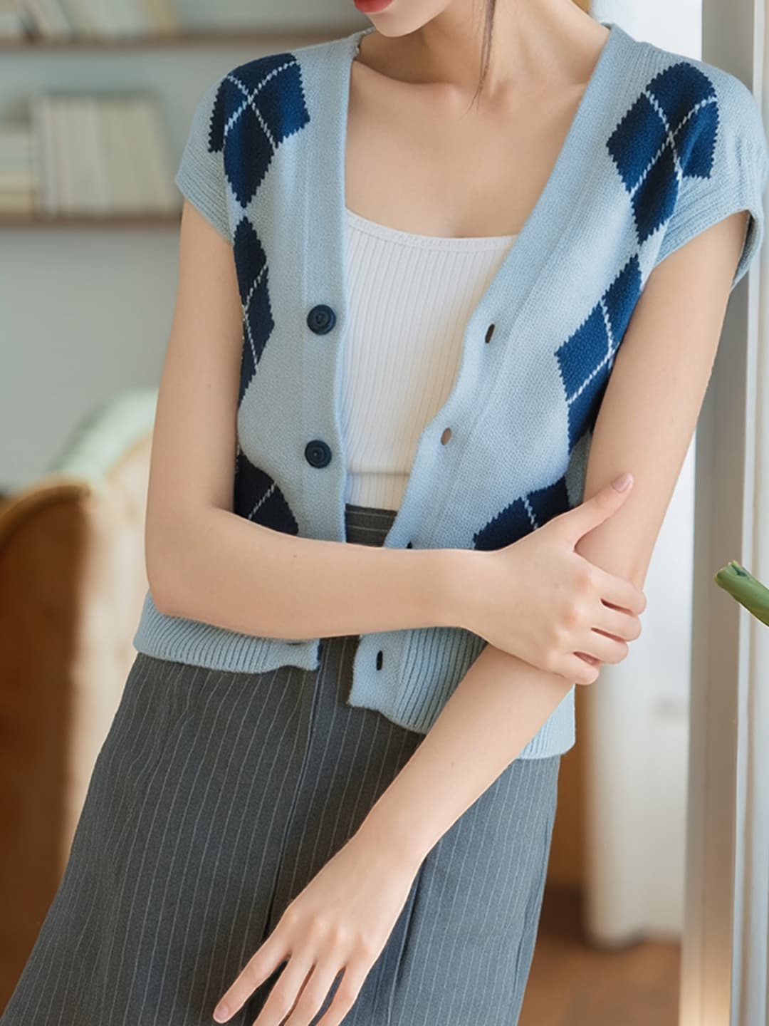 ベスト 菱形模様半袖ニットベスト