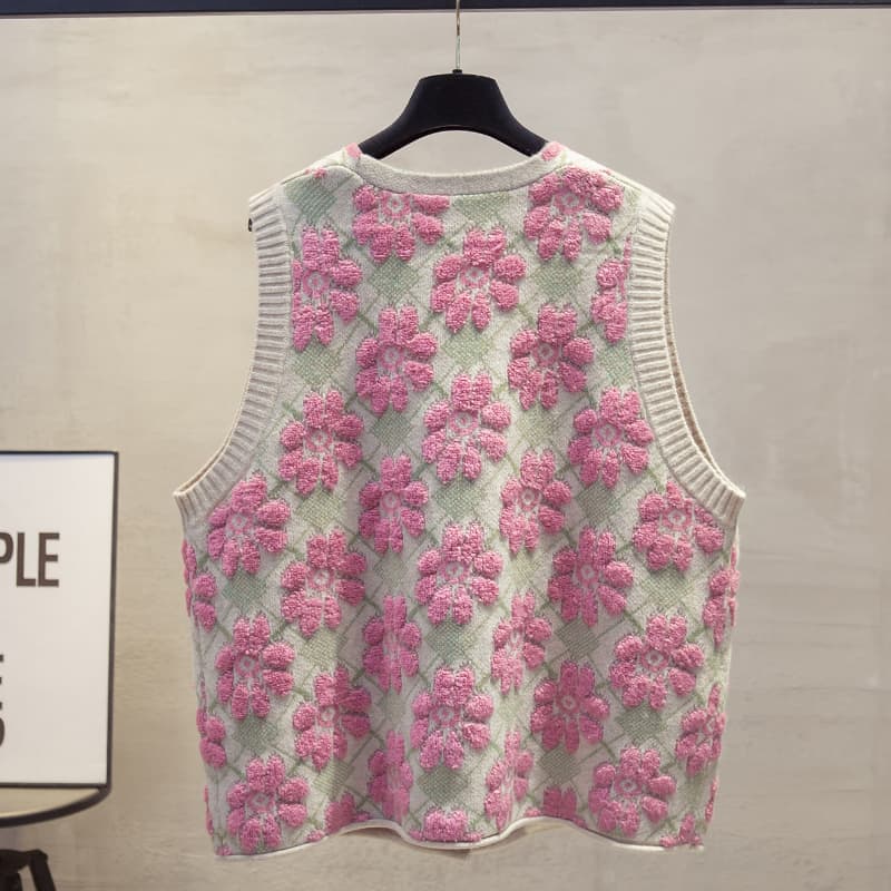 花柄刺繍入りデザインニットベスト