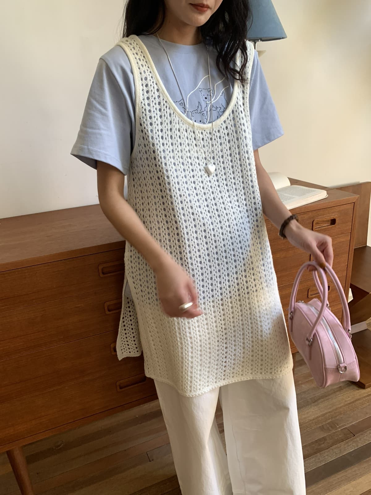 透かし編みゆったりニットベスト